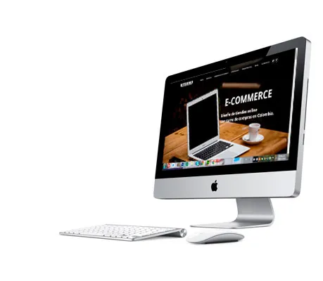iMac con teclado y mouse mostrando un sitio web de comercio electrónico