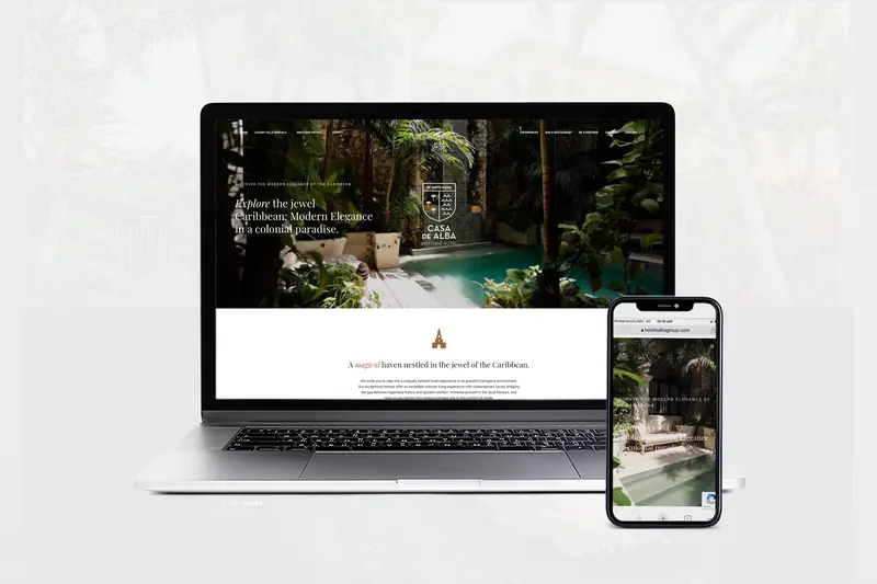 Sitio web de Hoteles Alba Group en Cartagena diseñado por Distecnoweb, visto en portátil y celular