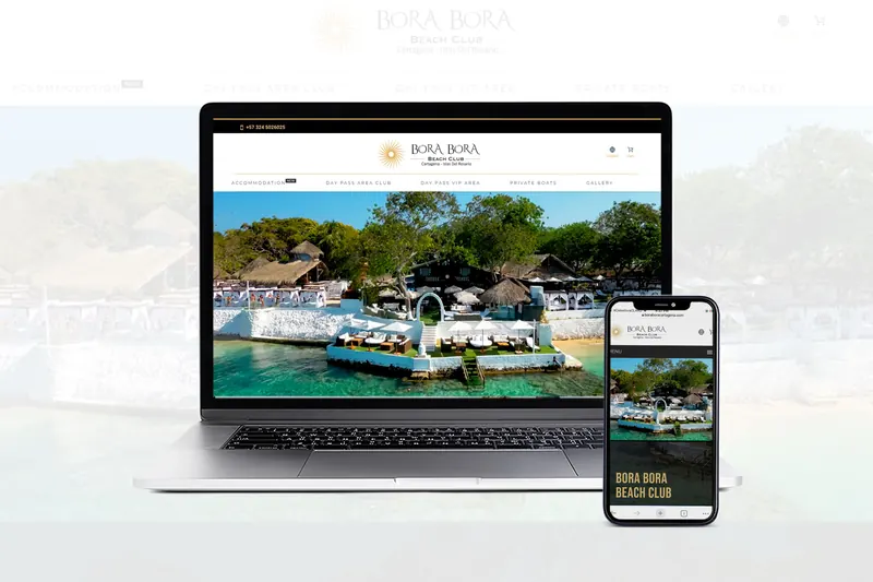 Tienda online de Bora Bora Beach Club Cartagena diseñada por Distecnoweb, vista en portátil y celular