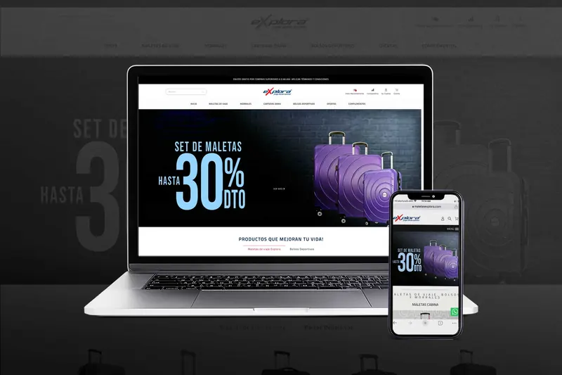 Tienda online de Maletas Explora diseñada por Distecnoweb, vista en portátil y celular